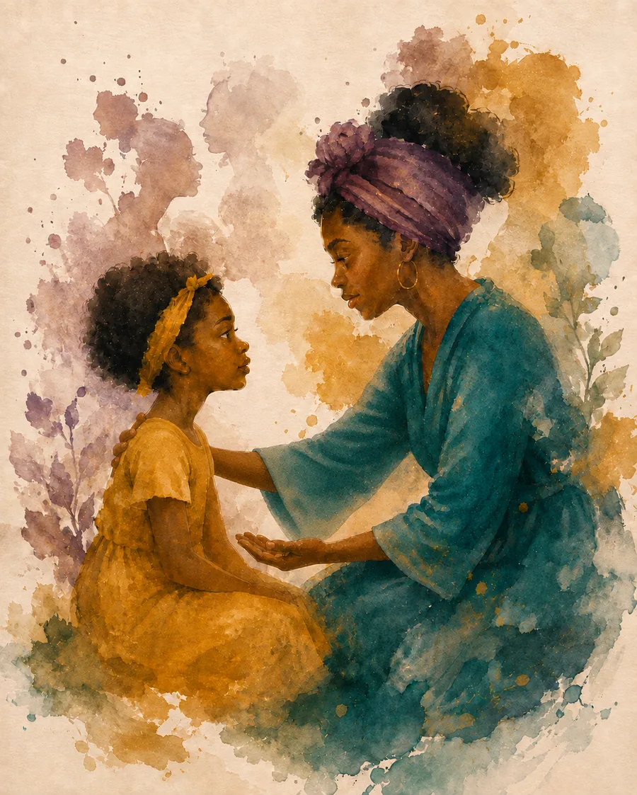 A woman listening closely to a girl, with one reassuring hand on her far shoulder and an open conversational palm