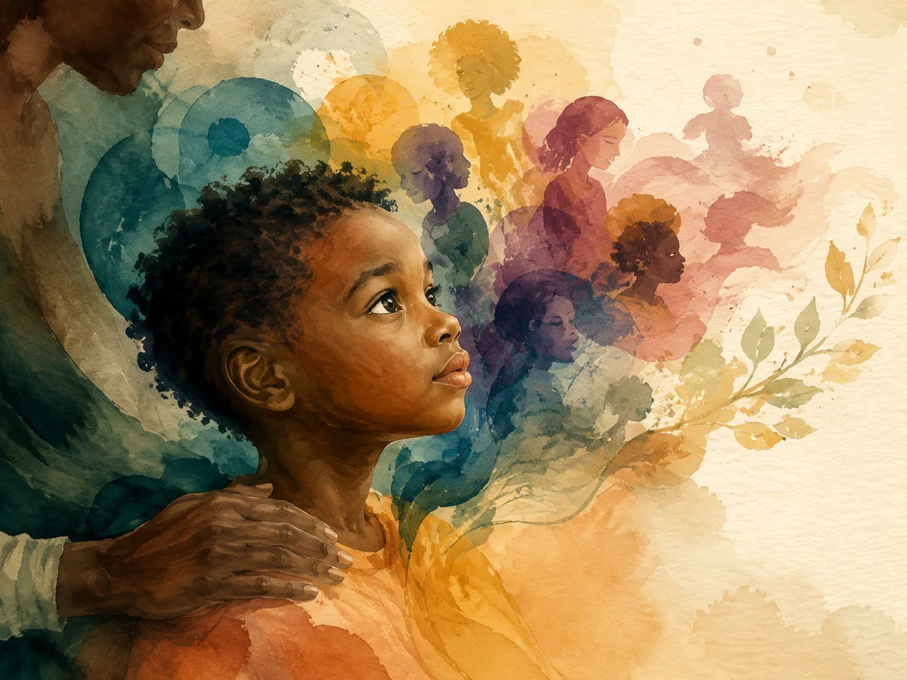 A child looking upwards through expressive layers of watercolour